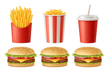 Three Cheeseburgers French Fries Soda Red Cups Realistic Fast Food Set isolated on a
