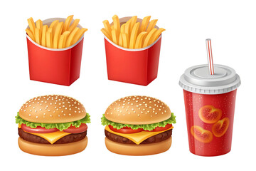 Two Cheeseburgers Two Red Boxes French Fries Soda isolated on a transparent background potato fries