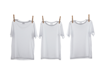 Isolated Three White T-Shirts Hanging on Clothesline with Clothespins