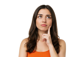 A woman with dark hair touches her chin thoughtfully, looking upwards with a questioning expression, isolated on transparent background