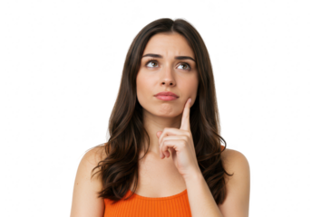 A woman with dark hair touches her chin thoughtfully, looking upwards with a questioning expression, isolated on transparent background