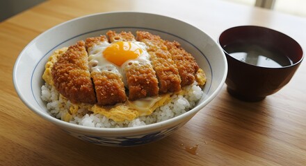 Delicious Katsudon Japanese Dish: Crispy Pork Cutlet, Rice, Egg, and Miso Soup