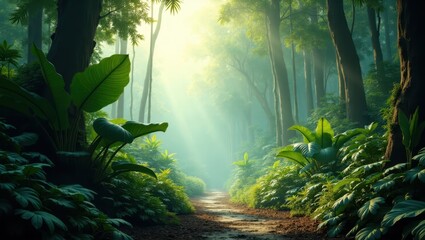 Sunlight streams through a lush jungle path.