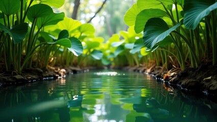 Naklejka premium A tranquil waterway bordered by lush foliage.