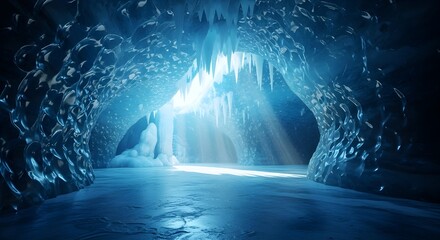 Menacing serpent-like creature with jagged teeth emerging from a dark icy cave, illuminated by eerie blue light, creating a chilling fantasy and horror atmosphere