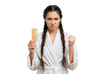 An angry woman with braided hair holds a comb and clenches her fist, wearing a bathrobe, isolated on transparent background