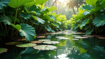 Lush foliage surrounds a tranquil pond.