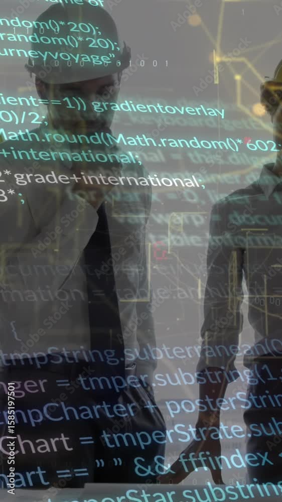 Poster animation of computer language and navigation pattern over diverse engineers discussing blueprint