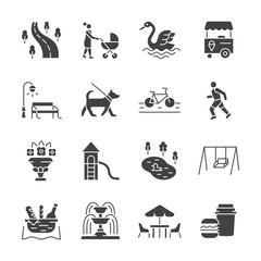 City park glyph icon set. Vector collection with ice cream truck, woman with child, swan, bicycle, dog, runner, playground, fountain, street food, bench.