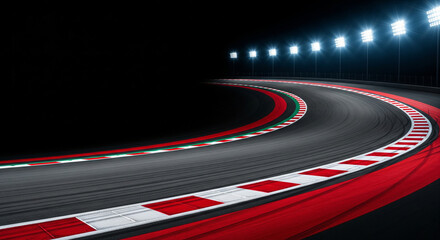 Red and white stripes on a turn of a night race track under spotlights with space for text