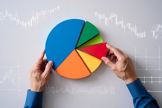 Hands assembling a colorful pie chart with financial market candlestick charts and graphs drawn around it on a light gray background symbolizing business analysis and data visualization