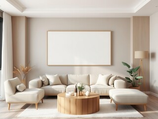 Living room wall art mockup with modern decor and natural elements, greenery, style, interior