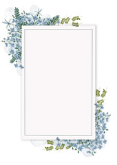Vertical floral frame with watercolor blue veronica flowers and ferns. Elegant botanical border design with blank space for text, invitation, or message.