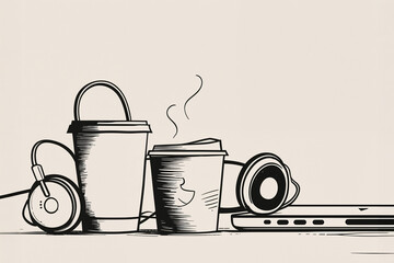 Monochrome sketch illustration featuring coffee and audio essentials. This bold line art drawing evokes a modern, urban, and creative vibe. Isolated on a clean background.