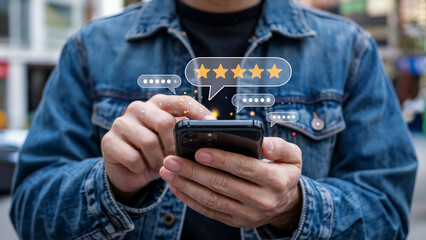Person using smartphone to give a five star rating with speech bubbles and glowing particles symbolizing feedback