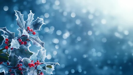 Frosted holly with red berries on an icy blue background with bokeh lights for holiday season celebration footage. - Powered by Adobe