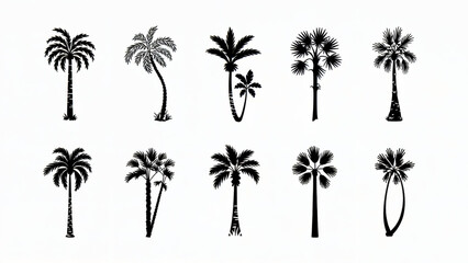 Obraz premium Collection of diverse black palm tree silhouettes against a clean white background for tropical design elements