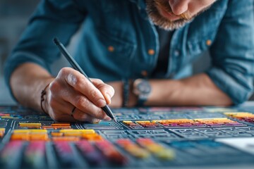 Man Works on intricate design drawing on a Table at home during the Day