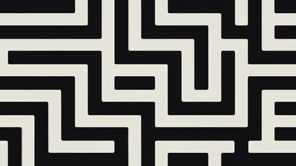 Abstract geometric pattern with interlocking white lines on a black background creating a maze like structure
