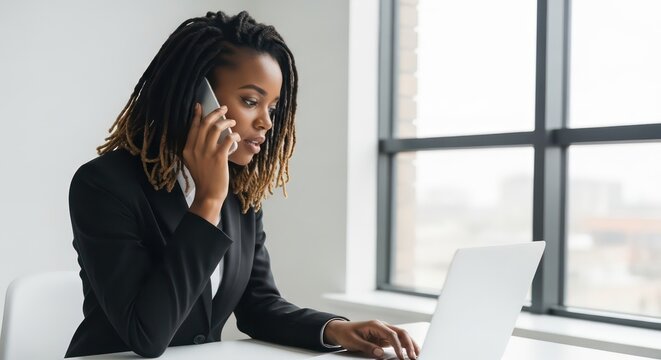 Focused businesswoman using laptop and phone near large window.