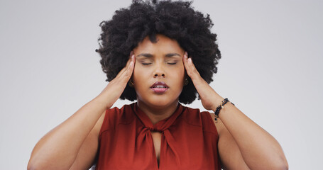 Headache, pain and black woman in studio, anxiety and frustrated on white background. African...