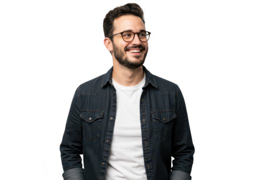 A smiling man wearing glasses and a denim shirt stands confidently with hands in his pockets, isolated on a transparent background