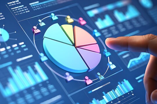 Close up of a finger interacting with a digital interface displaying a colorful pie chart and various financial graphs and data visualizations on a dark blue background