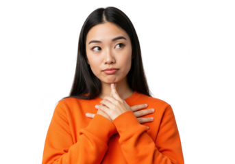 Young asian woman with hands on her chin, looking thoughtful and uncertain, isolated on transparent background