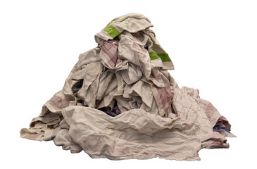 Side view Pile of dirty kitchen towels, dish towels, hand towels suspended isolated on white background.	