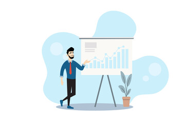 Businessman presenting bar chart showing positive growth. Strategy, finance, progress, and data analytics in corporate setup.