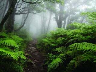 Obraz premium A mysterious and enchanting path winds through a lush forest, shrouded in a mystical fog. 