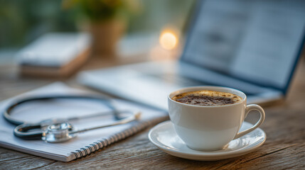 Composition showing stethoscope resting on hardcover textbooks near laptop keyboard, with coffee cup and notepad nearby, depicting a busy med studentâs daily academic environment
