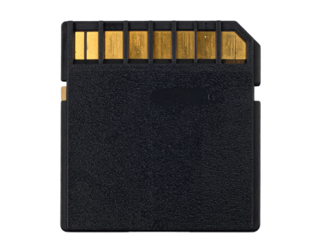 Close-up black SD memory card with gold contacts isolated on transparent background PNG