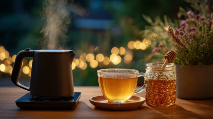 Stylish domestic setting with kettle emitting vapor while tea infuser and honey jar rest nearby, atmosphere of warmth and mindfulness in culinary routine