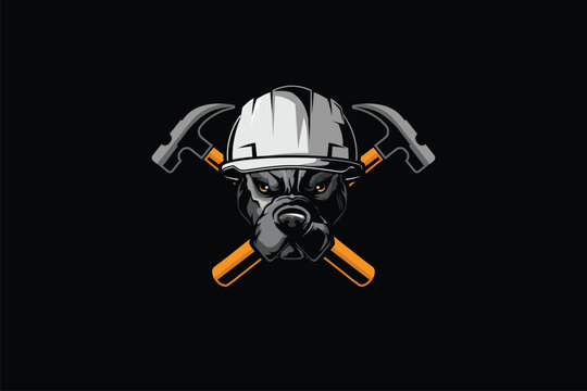 Pitbull dog head with hard hat vector badge animal mascot logo template
