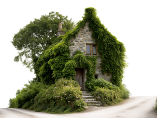 A charming stone cottage, almost entirely enveloped by lush green ivy, sits serenely at a country road's fork. 