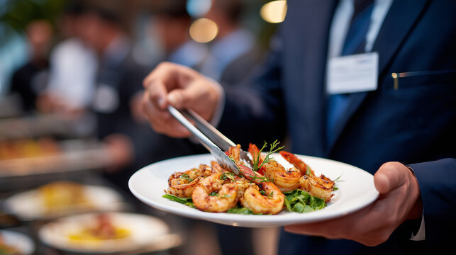 Close-up of tongs placing shrimp skewer onto white plate as part of business event catering; background features blurred group of professionals networking