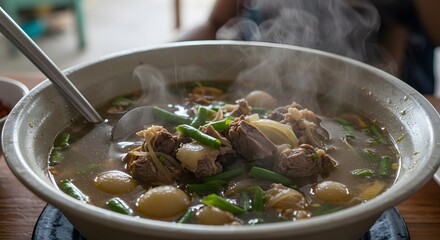 Steaming Hot Bowl of Aromatic Beef Soup with Green Beans and Spices
