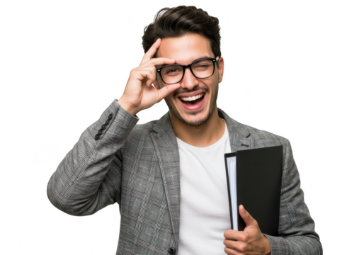 A joyful man with glasses and a blazer laughs while holding a folder, isolated on a transparent background