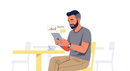 Man Using Tablet for Data Analytics in Cafe Setting