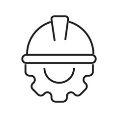Line icon of engineering concept with helmet on gear, symbolizing technical planning and construction. Editable stroke. vector illustration