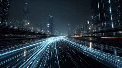 Futuristic cityscape at night with streaming neon lights, emphasizing speed, technology, and urban dynamism in dark hues.