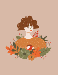 Autumn vector illustration. Autumn postcard with characters, falling leaves, pumpkins, clothes, dishes. Applicable for web banner, poster
