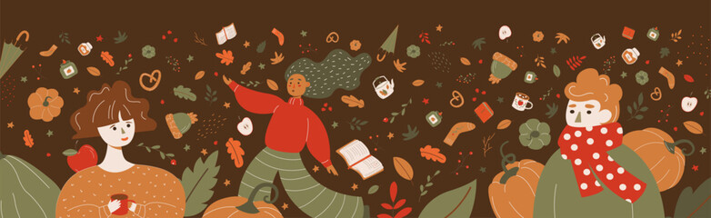 Autumn vector illustration. Autumn postcard with characters, falling leaves, pumpkins, clothes, dishes. Applicable for web banner, poster
