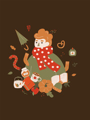 Autumn vector illustration. Autumn postcard with characters, falling leaves, pumpkins, clothes, dishes. Applicable for web banner, poster
