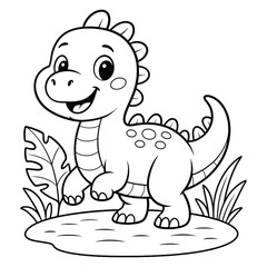 Cute Cartoon Dinosaur Coloring Page, Smiling Dinosaur with Simple Jungle Background Illustration