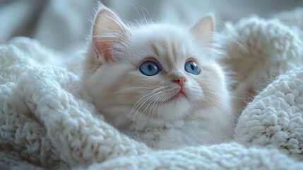 Fluffy white kitten with curious blue eyes playful and delicate