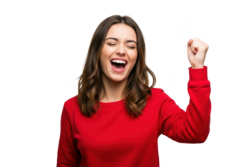 A young woman in a red sweater shouts with excitement and clenches her fist in celebration, isolated on transparent background