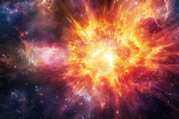 Fototapeta premium Powerful cosmic explosion sends brilliant orange and red light waves throughout the endless dark starry space.