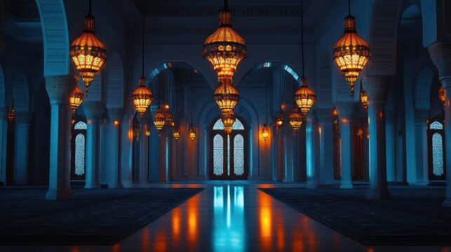 Interior view of a mosque at night, illuminated by ornate lamps.